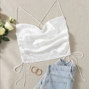 Silky leopard drawstring side crisscross crop top